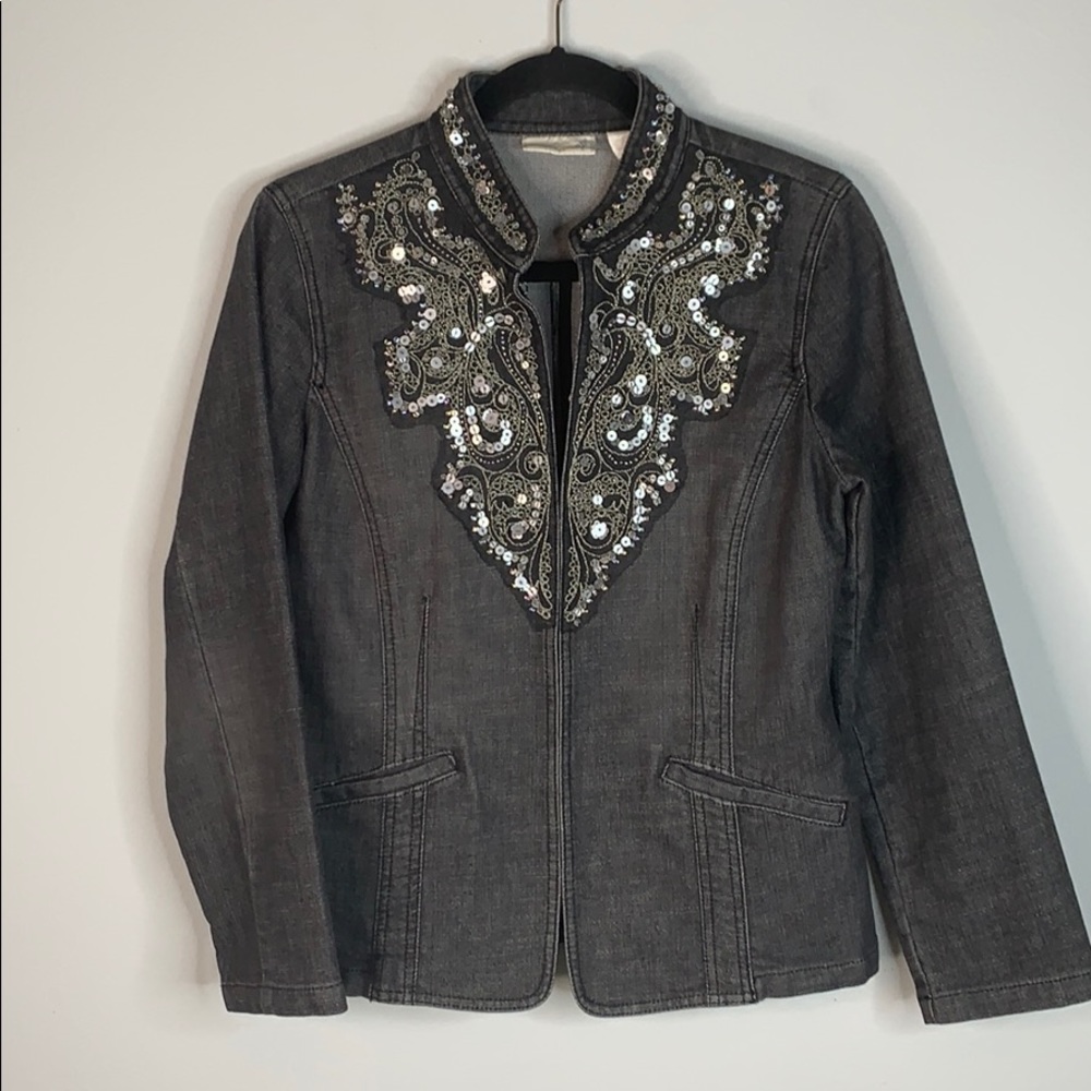 Chico’s denim gray jacket beaded sequined M